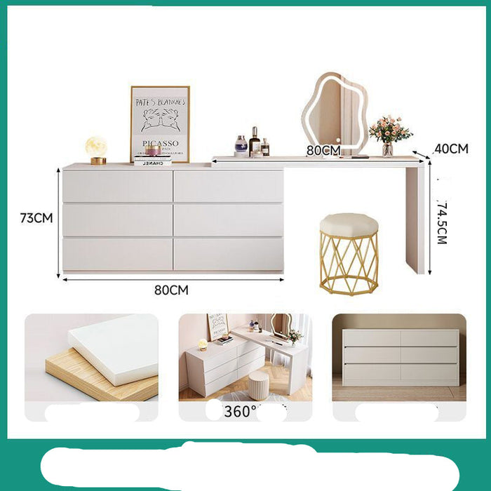 White vanity table with mirror, stool, and decorative items with dimensions displayed.