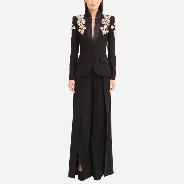 Star Fashion Heavy Industry Diamond Beading Stand Collar Blazer Slit Pants Suit