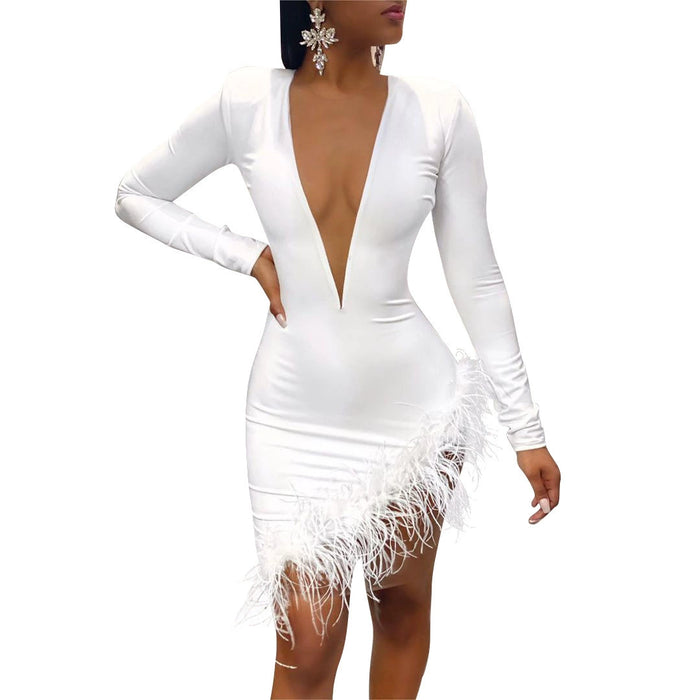 Dio Feather White Deep V Neck High Slit Bodycon Dress