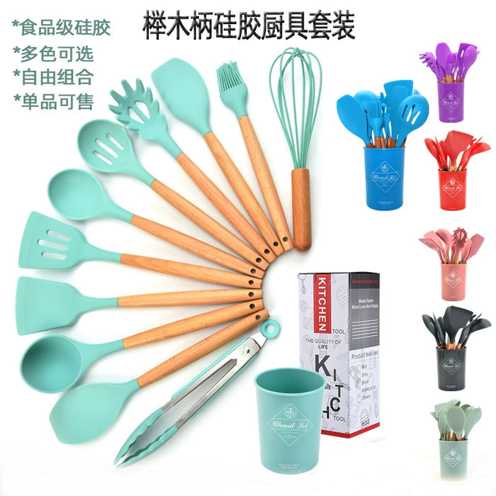 Dio 11pcs Wooden Handle Silicon Utensil Kitchenware Cookware Spatula Soup Spoon Brush Ladle Pasta Colander Non-stick Kitchen Tools - Dio Kollections