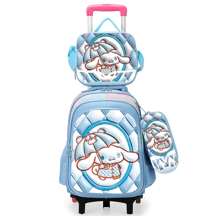 Children's blue suitcase with cartoon character design on a white background