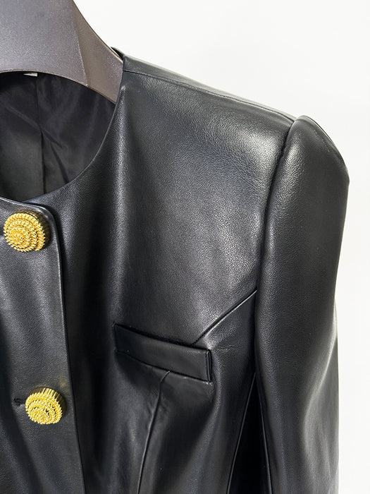 Black leather jacket with gold buttons on a white background