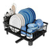 Black dish rack with blue and white dishes on a white background