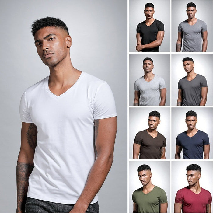 Man wearing a white t-shirt with multiple color options displayed in a grid.