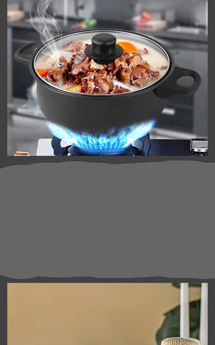 A black 16cm milk pot with a glass lid and steam release valve, shown on a gas stove with a blue flame and food cooking inside. The image includes Chinese text describing the pot's features and a red label indicating '奶锅 16cm'.