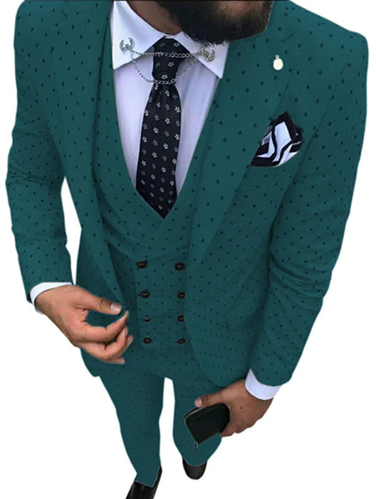 Man wearing a green polka dot suit with a white shirt and black tie.
