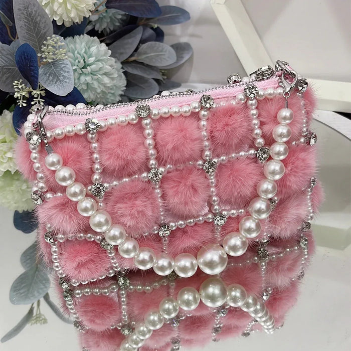 Pearl Diamond Chain Mink Fur French Fairy Single Shoulder Crossbody Bag