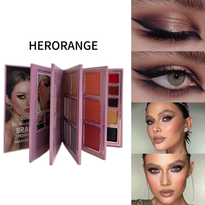 Makeup palette with color swatches and application examples on a white background