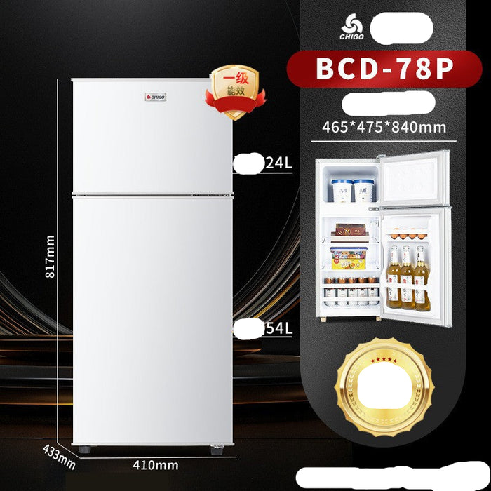 Small refrigerator with dimensions and features displayed on a dark background
