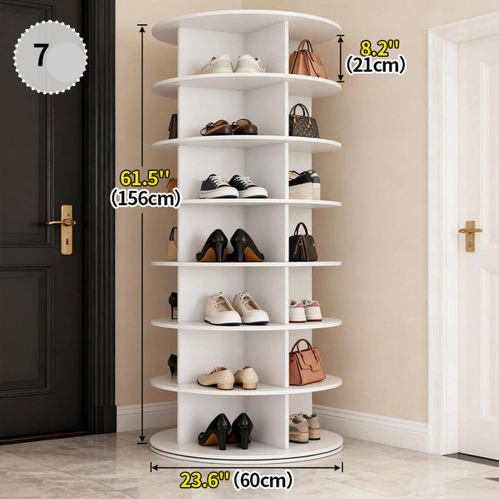 White shoe rack with shoes and handbags, showing dimensions against a neutral wall.