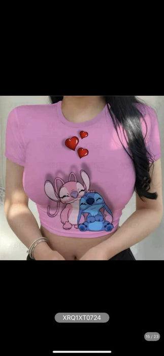 Dio Women's Charming Slim Cartoon Disney Printing Stitch Crop Top Fit T Shirt - Dio Kollections