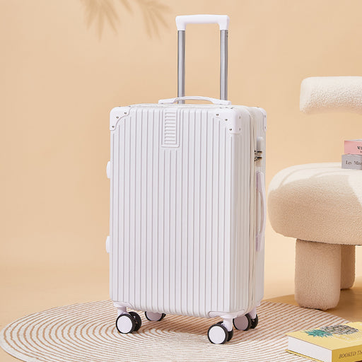 White suitcase with a ribbed texture on a beige background