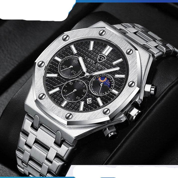 Dio Waterproof High-End Three-Eye Six-Needle Moon Phase Steel Strip Men's Watch - Dio Kollections