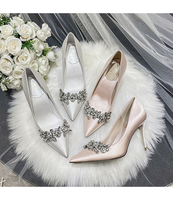 Crystal Champagne White Satin Bridesmaid Stiletto High Heel Shoes