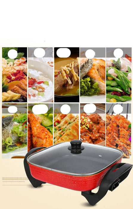 Electric hot pot with various food images and text on a white background