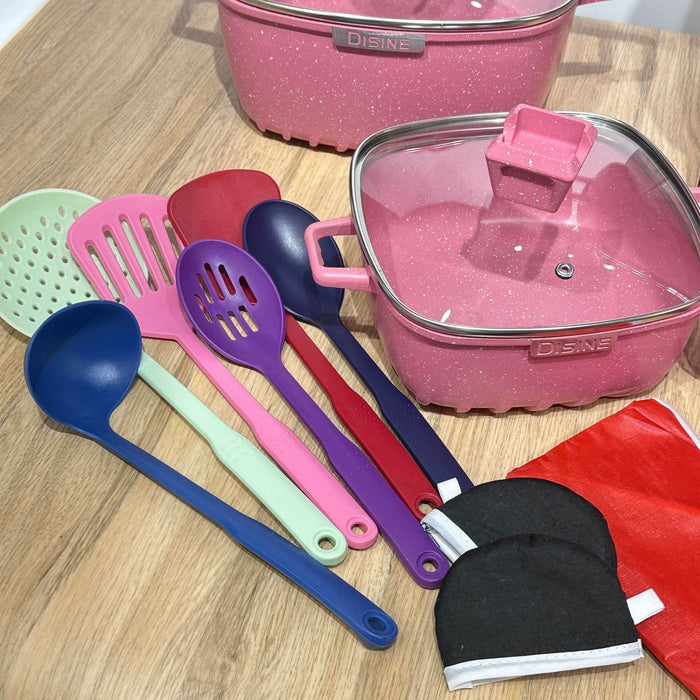 25-Piece Premium Non-Stick Medical Stone Cookware Set in Black and Pink - Dio Kollections
