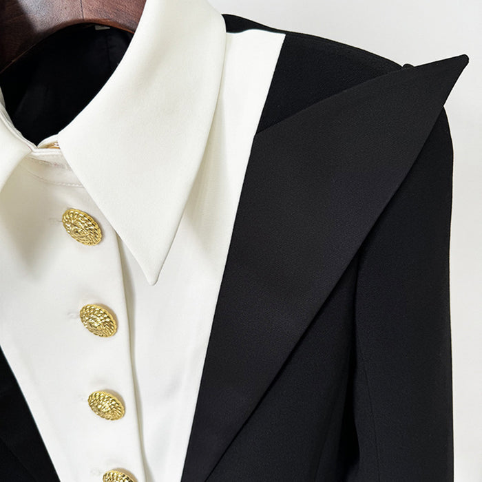 Black tuxedo with gold buttons on a white background