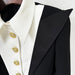 Black tuxedo with gold buttons on a white background