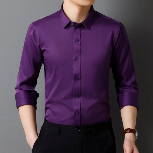 Purple dress shirt worn by a person on a gray background