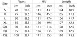 Table displaying measurements for waist, hip, and length in centimeters and inches across different size categories.