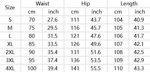 Table displaying measurements for waist, hip, and length in centimeters and inches across different size categories.