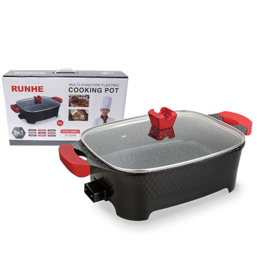 Runhe multi-function electric cooking pot with red handles and clear lid on a white background