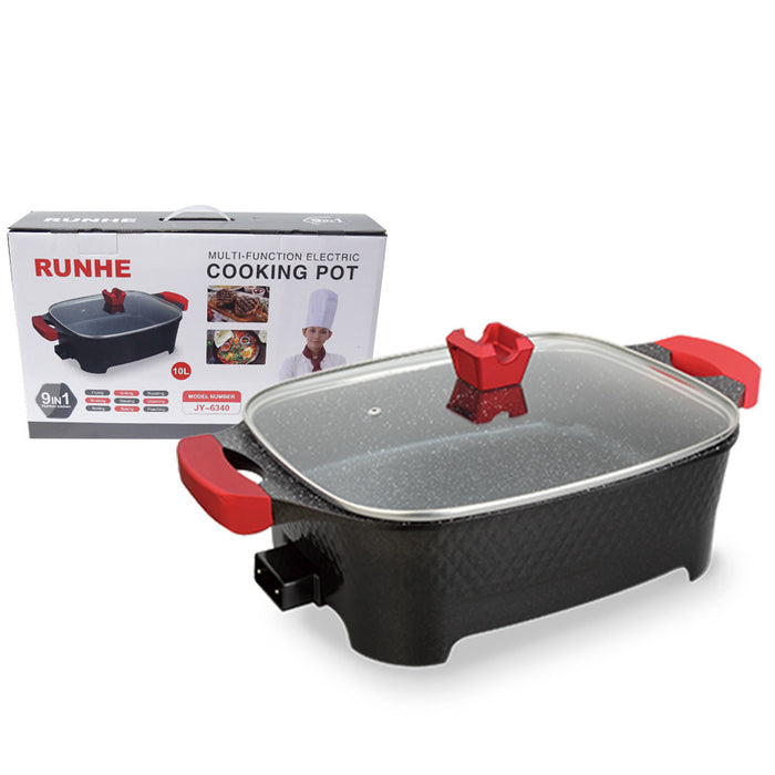 Runhe multi-function electric cooking pot with red handles and clear lid on a white background