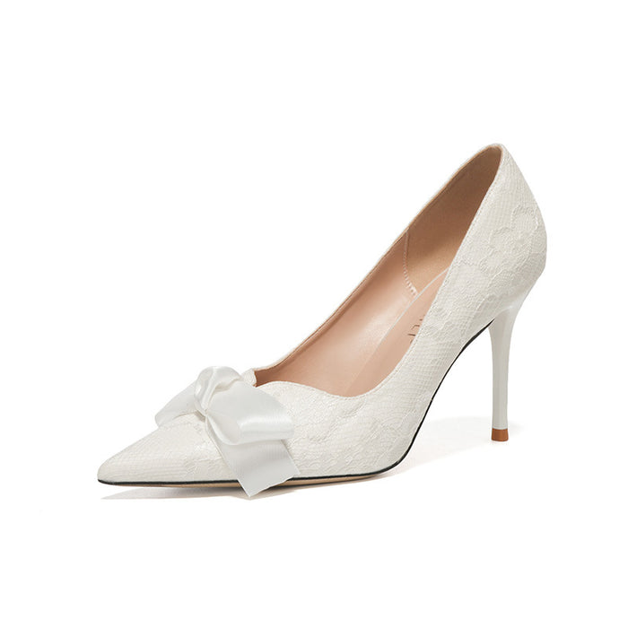 Western-Style High Heel Bow Lace White Wedding Stiletto Banquet Shoes