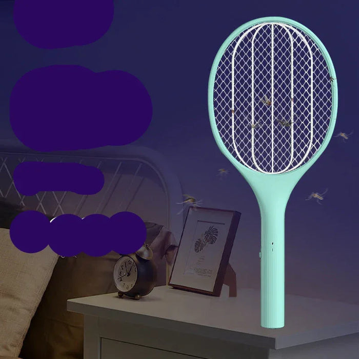 Magnetic fly swatter on a table with text and icons in the background