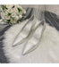 Silver high-heeled shoes on a white fur surface with a bouquet of white roses.
