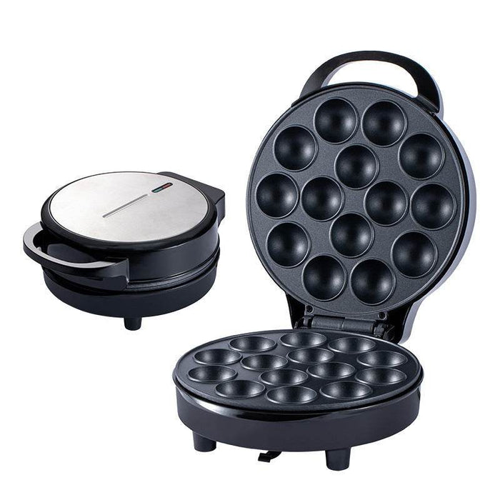 Black round waffle maker with multiple small compartments on a white background