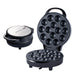 Black round waffle maker with multiple small compartments on a white background