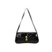 A black patent leather shoulder bag with a gold-tone J-shaped turn-lock clasp, displayed against a solid white background.