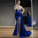 Dio Splendid High Neck Prom Robe Pleated Thigh Split Party Maxi Blue Gold Evening Dresses - Dio Kollections