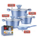 Set of blue cookware with labeled capacities on a white background