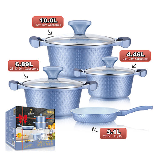 Set of blue cookware with labeled capacities on a white background