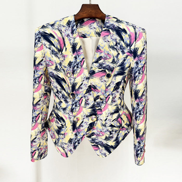 Colorful patterned blazer on a wooden hanger against a white background