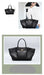 Black handbag displayed on a white background with text overlay.