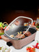 Multifunctional electric heat cooker with food being cooked, surrounded by vegetables on a dark background.