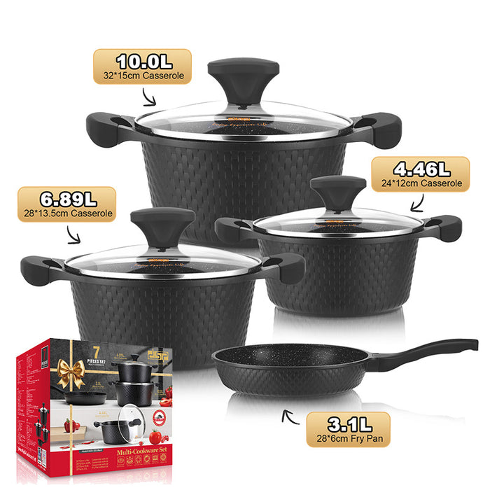 Set of black cookware with various capacities and a box in the corner.