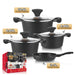 Set of black cookware with various capacities and a box in the corner.