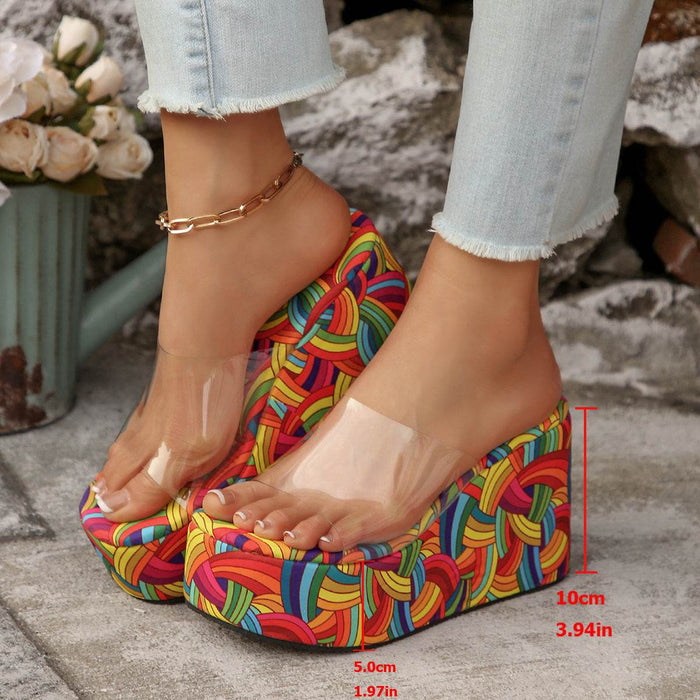 Colorful wedge sandals with a measurement label on a stone surface.