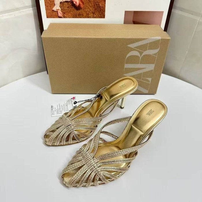Elegant Gold and Black Mid-Heel Women's Shoes with Buckle and Strap Size 35-42