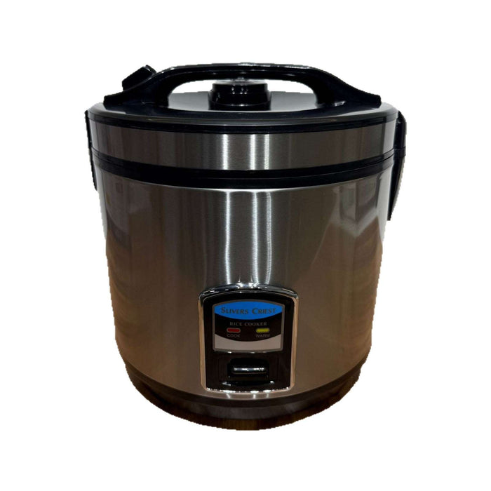 Stainless steel rice cooker on a white background