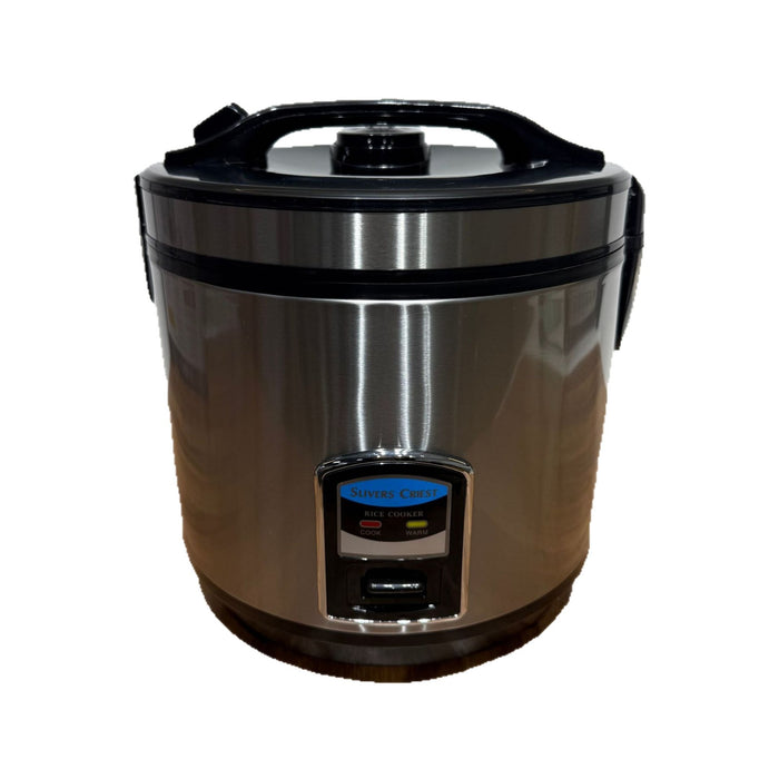 Stainless steel rice cooker on a white background