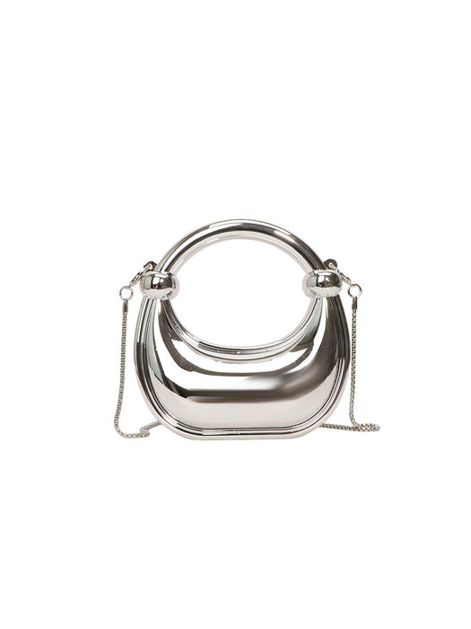 Silver handbag with chain strap on a white background