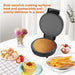Waffle maker with waffle on a table with various food items and text about nonstick surfaces.