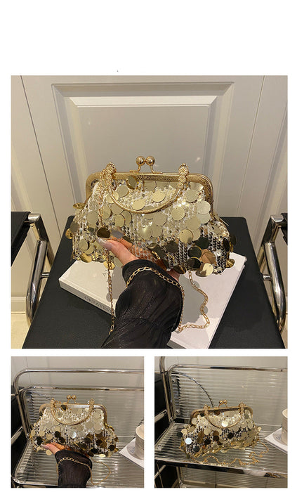 A decorative handbag with a gold-tone frame and many clear rhinestone-like embellishments, shown in a collage of three views. One larger view shows a hand holding the bag on a black table in an indoor setting, with two smaller views showing the bag from different angles on a mirrored surface.