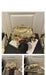 A decorative handbag with a gold-tone frame and many clear rhinestone-like embellishments, shown in a collage of three views. One larger view shows a hand holding the bag on a black table in an indoor setting, with two smaller views showing the bag from different angles on a mirrored surface.