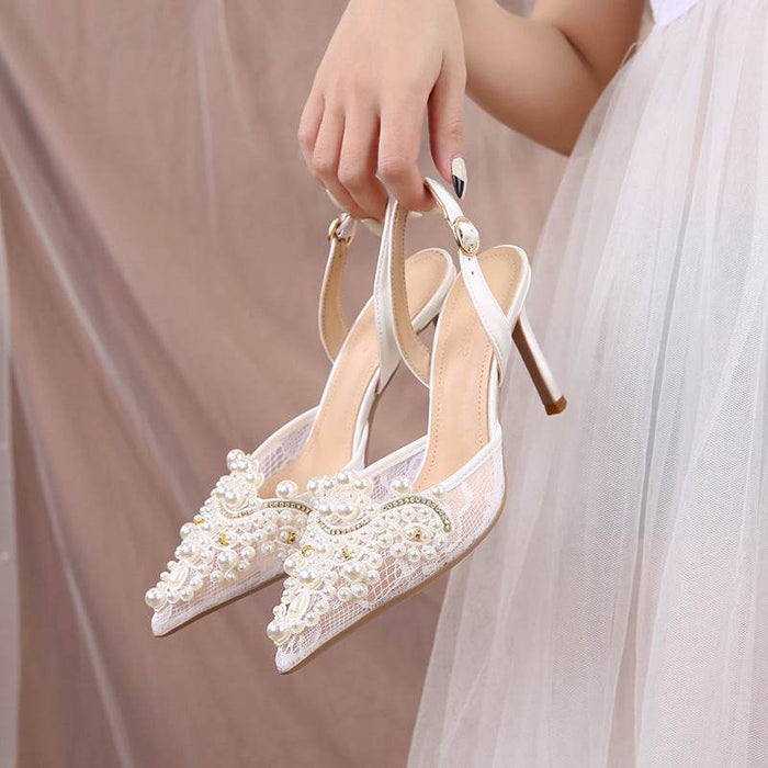Elegant Pearl Stiletto Heels for Women – High Fashion Lace Wedding Shoes - Dio Kollections